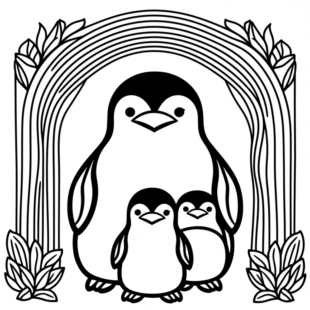 Penguin Family With Rainbow Simple Line Art