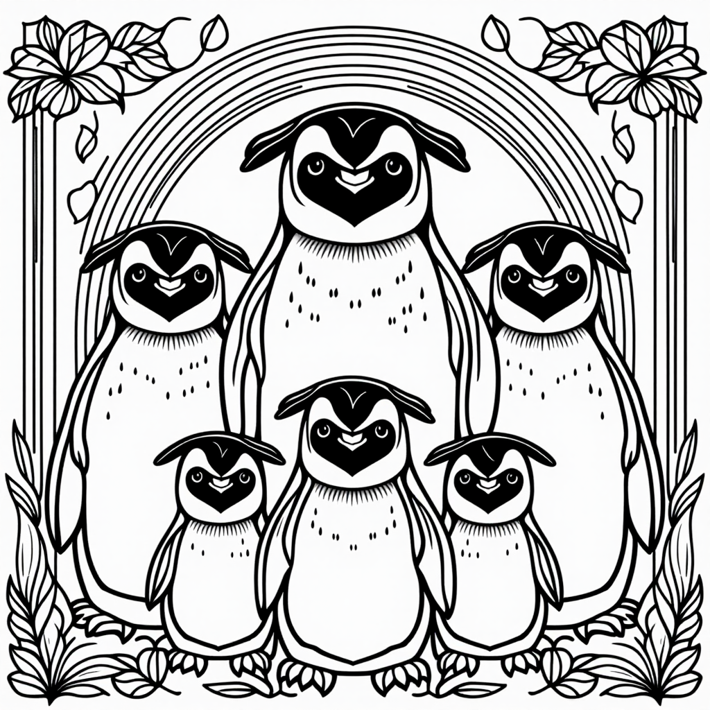 Penguin Family With Rainbow Detailed Illustration