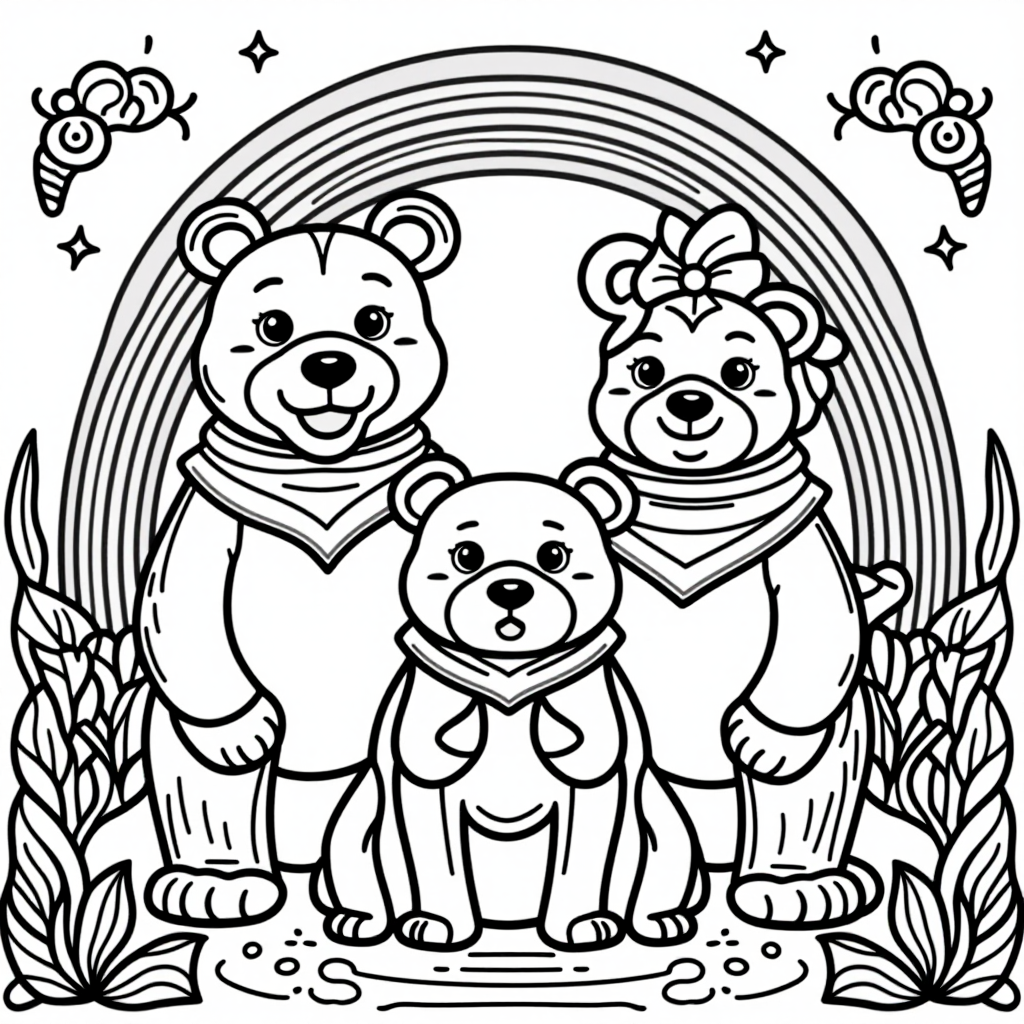 Bear Family With Rainbow Cartoon Style