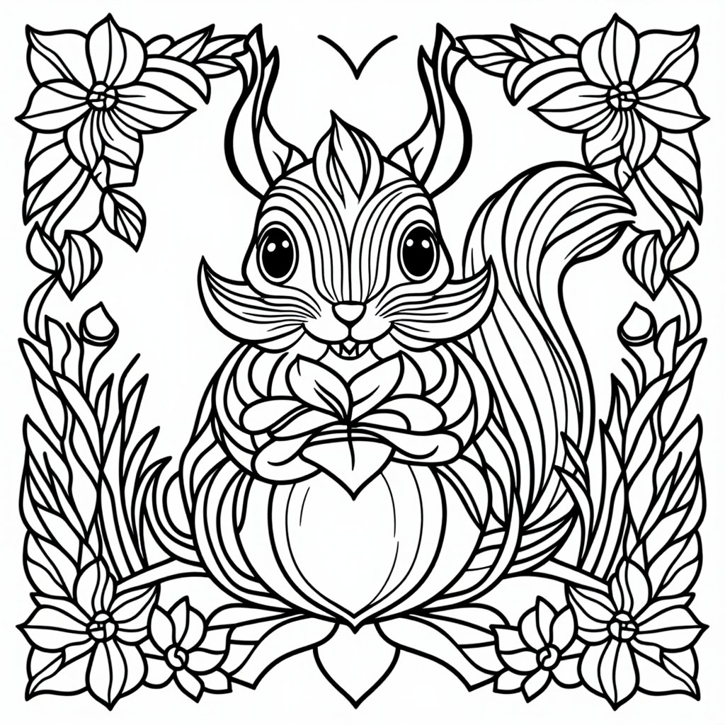Squirrel With Acorn With Flowers Cartoon Style