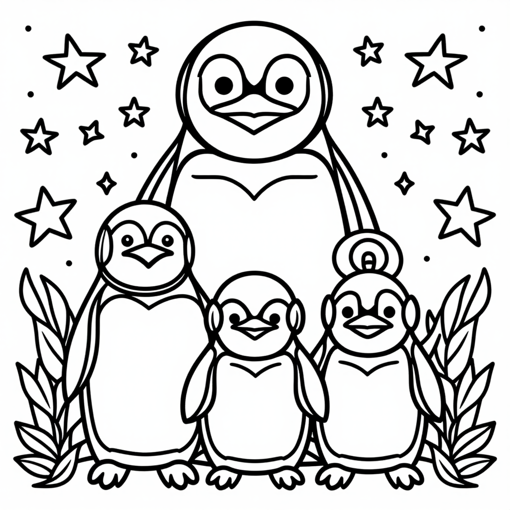 Penguin Family With Stars Simple Line Art