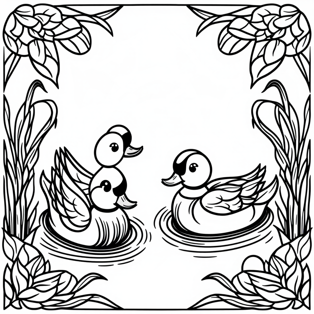 Duck Family Swimming With Butterflies Vintage Style