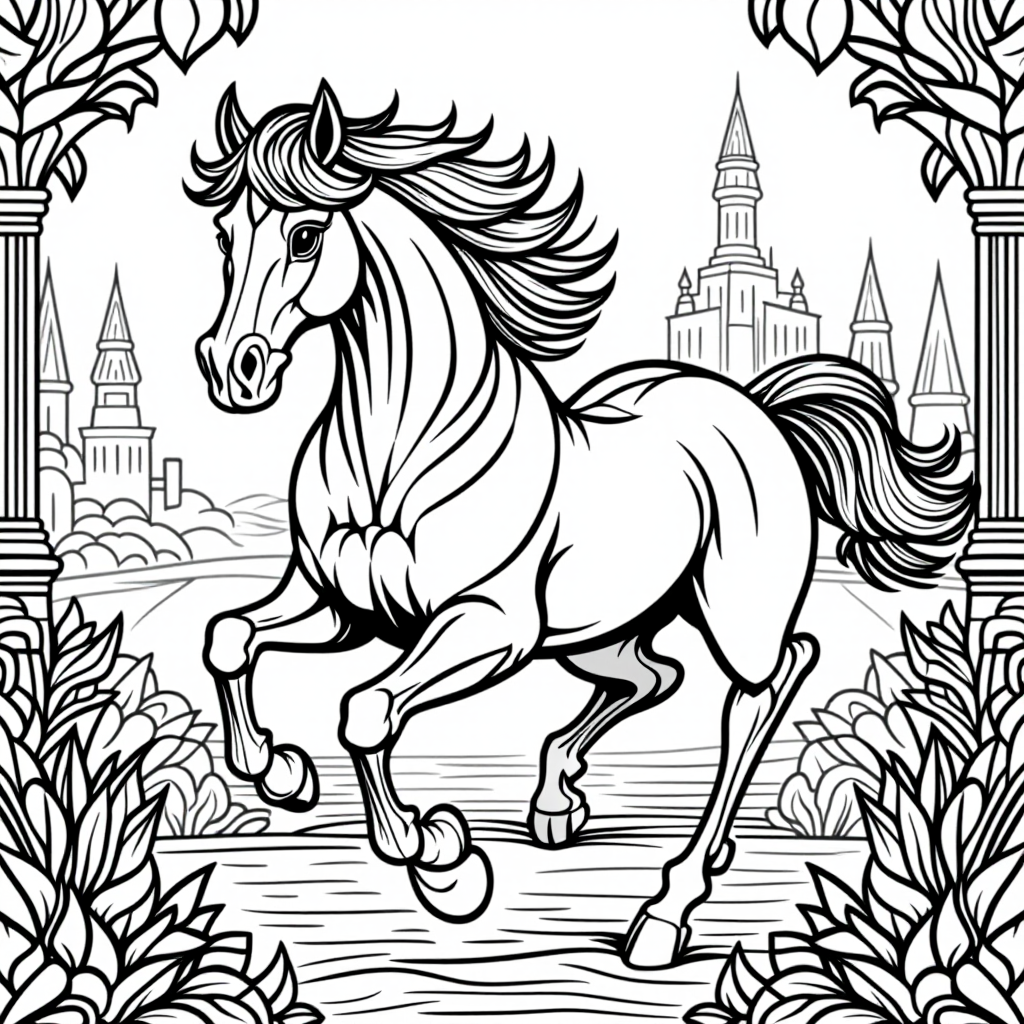 Horse Running Free In A Garden Detailed Illustration