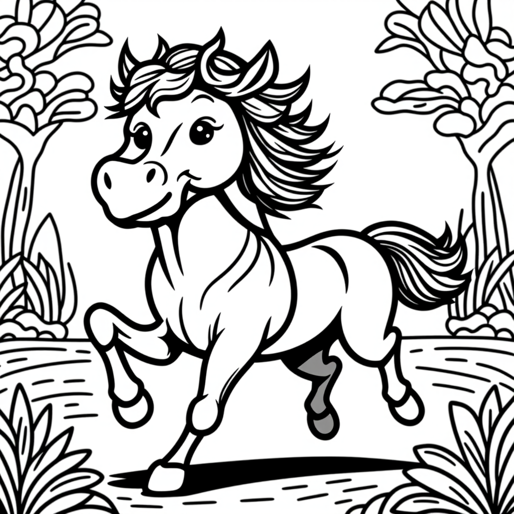 Horse Running Free Playing Happily Cartoon Style