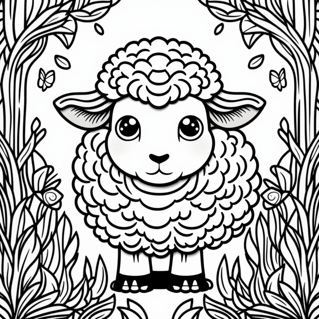 Fluffy Sheep With Butterflies Storybook Illustration