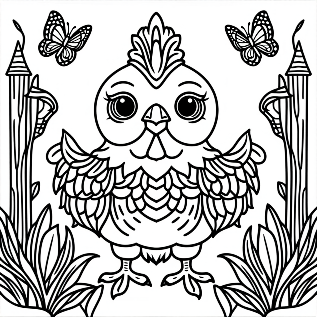 Chicken Little With Butterflies Simple Line Art