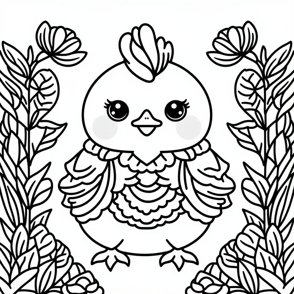 Hen With Chicks With Flowers Cute Kawaii Style