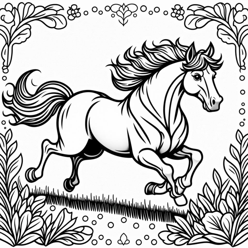 Horse Running Free With Flowers Whimsical Style