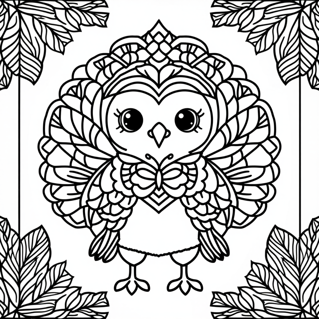 Turkey With Feathers With Butterflies Cute Kawaii Style