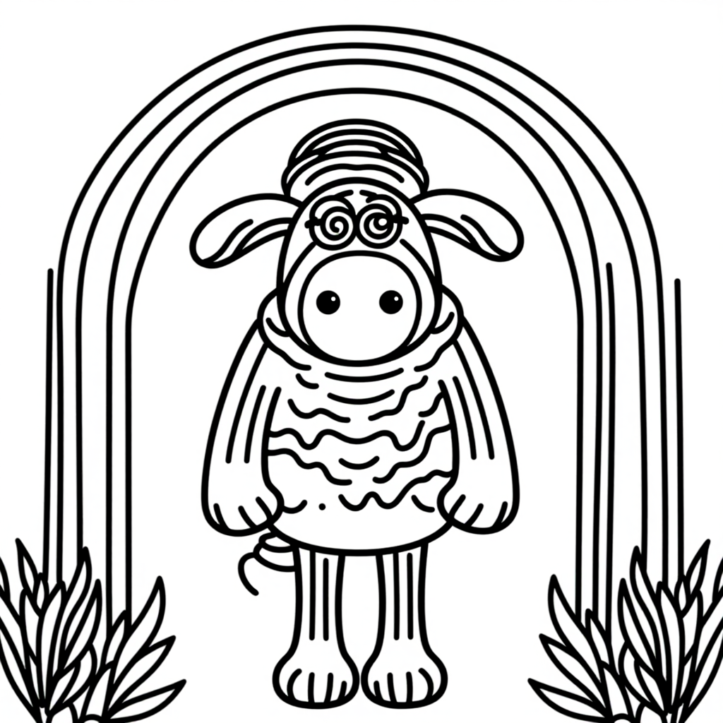 Shaun The Sheep With Rainbow Simple Line Art