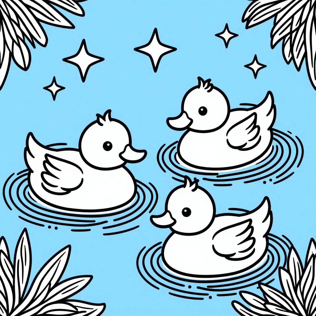 Duck Family Swimming With Stars Cartoon Style