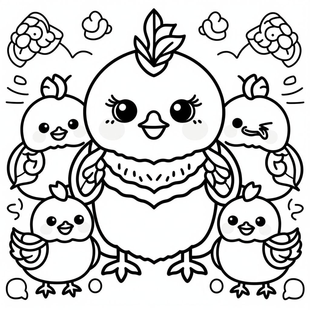Hen With Chicks Cute Kawaii Style