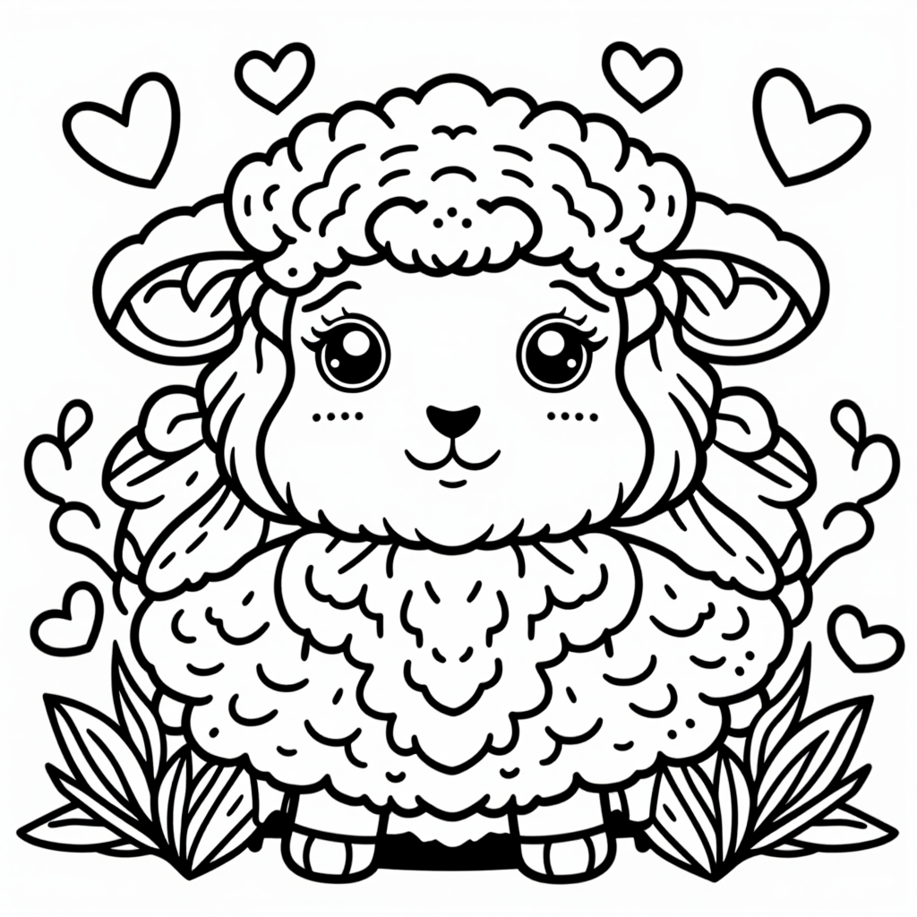 Fluffy Sheep With Hearts Cartoon Style