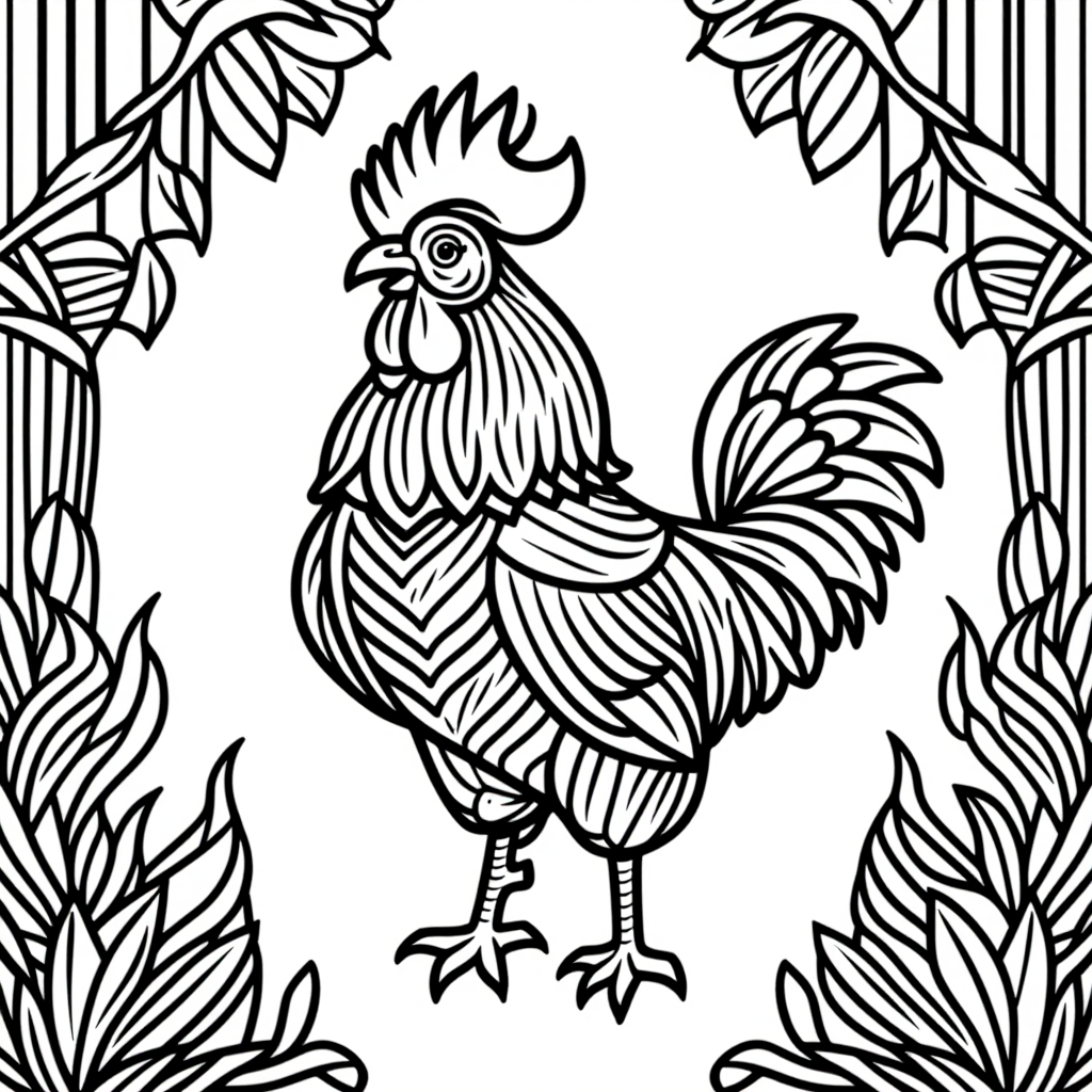 Rooster Crowing In Nature Simple Line Art