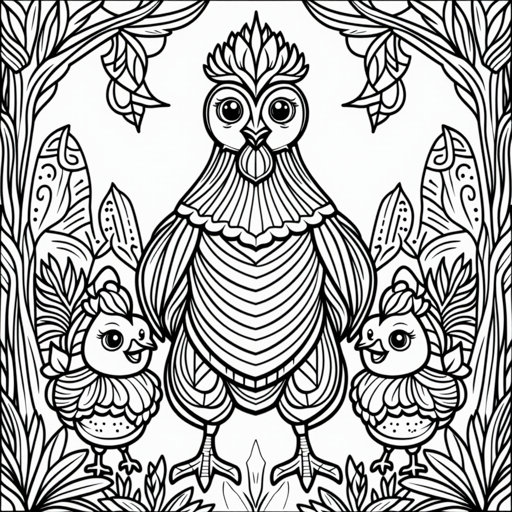 Hen With Chicks Smiling Detailed Illustration