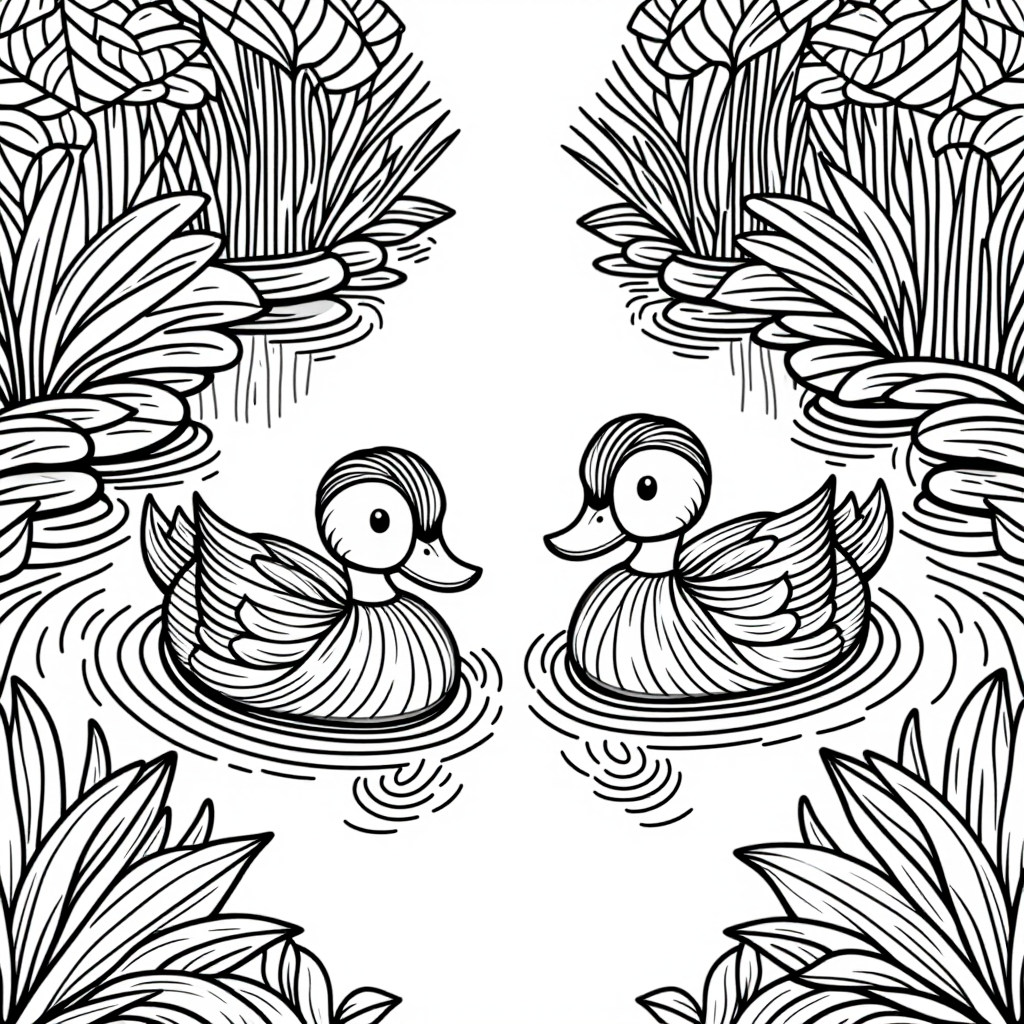 Duck Family Swimming In A Garden Detailed Illustration