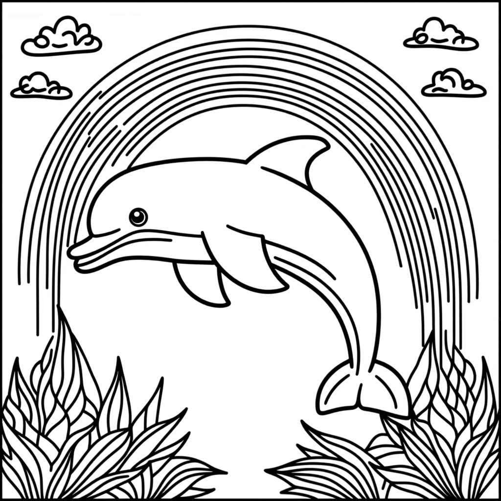 Playful Dolphin Jumping With Rainbow Simple Line Art