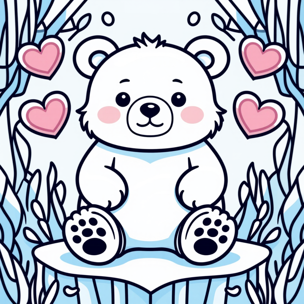 Polar Bear On Ice With Hearts Chibi Style
