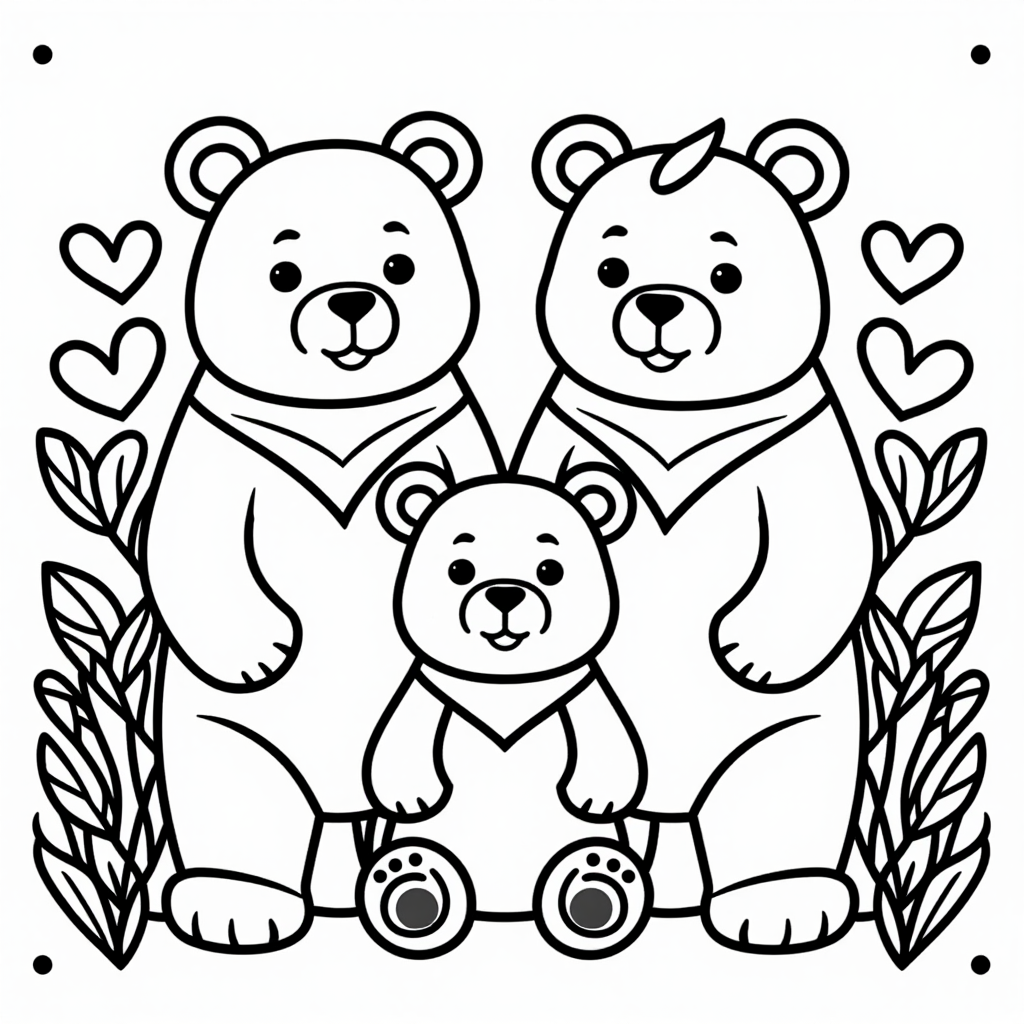 Bear Family With Hearts Simple Line Art