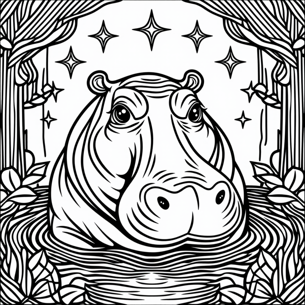 Hippo In Water With Stars Vintage Style