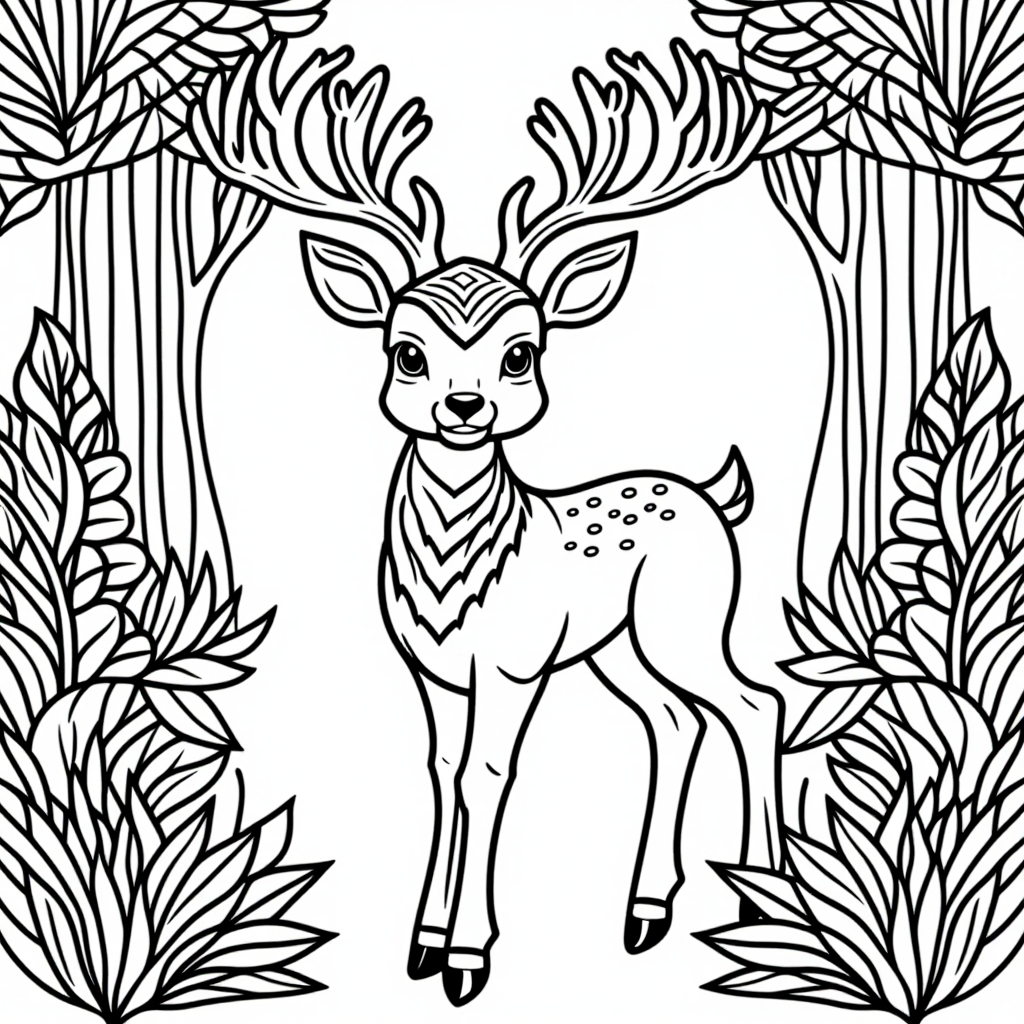 Bambi The Deer In A Garden Simple Line Art