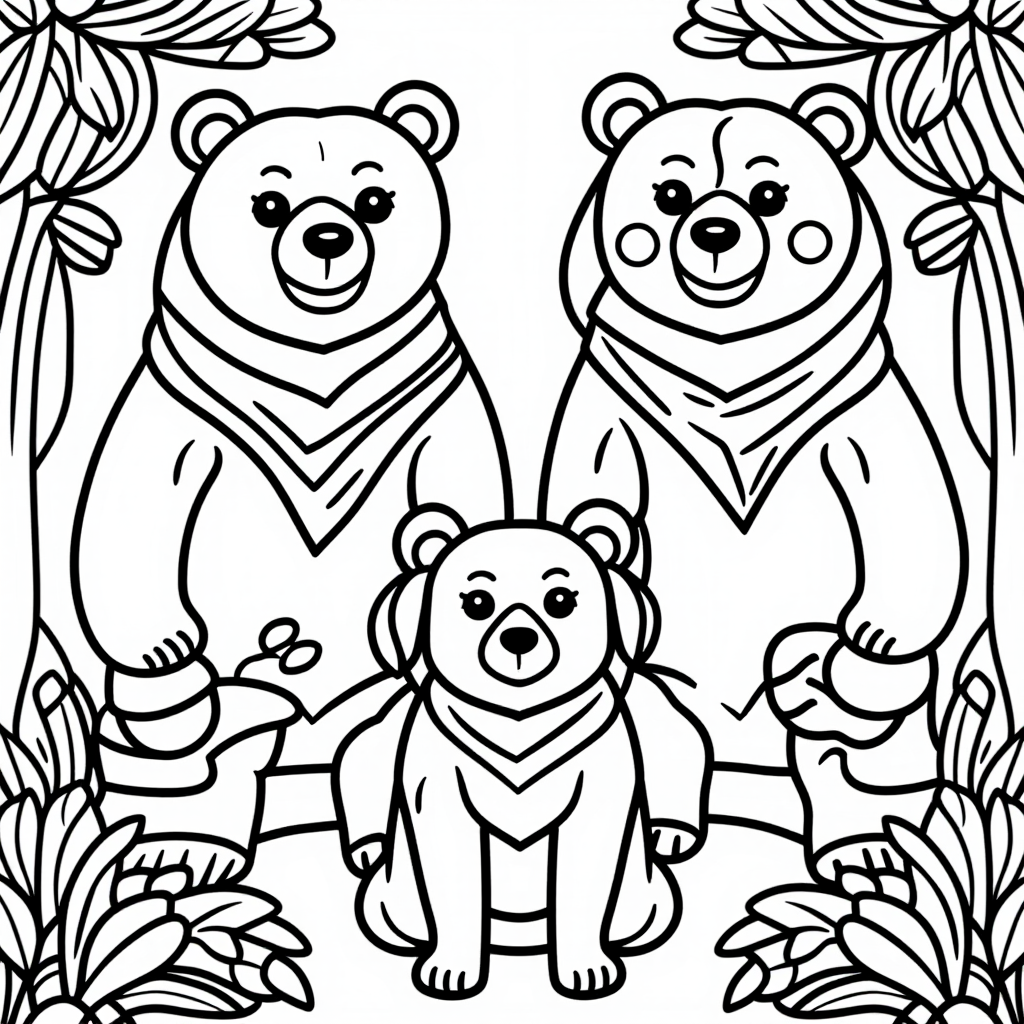 Bear Family In Nature Simple Line Art