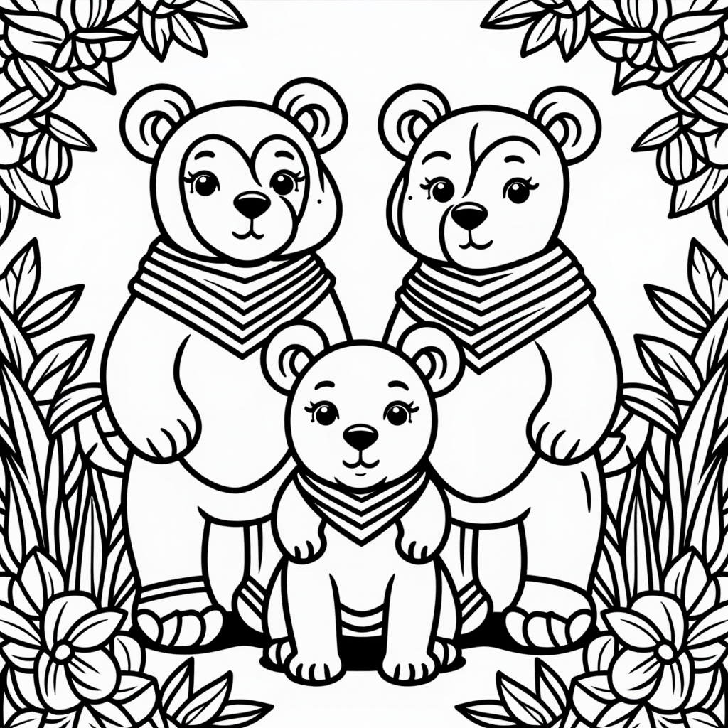 Bear Family With Flowers Cartoon Style