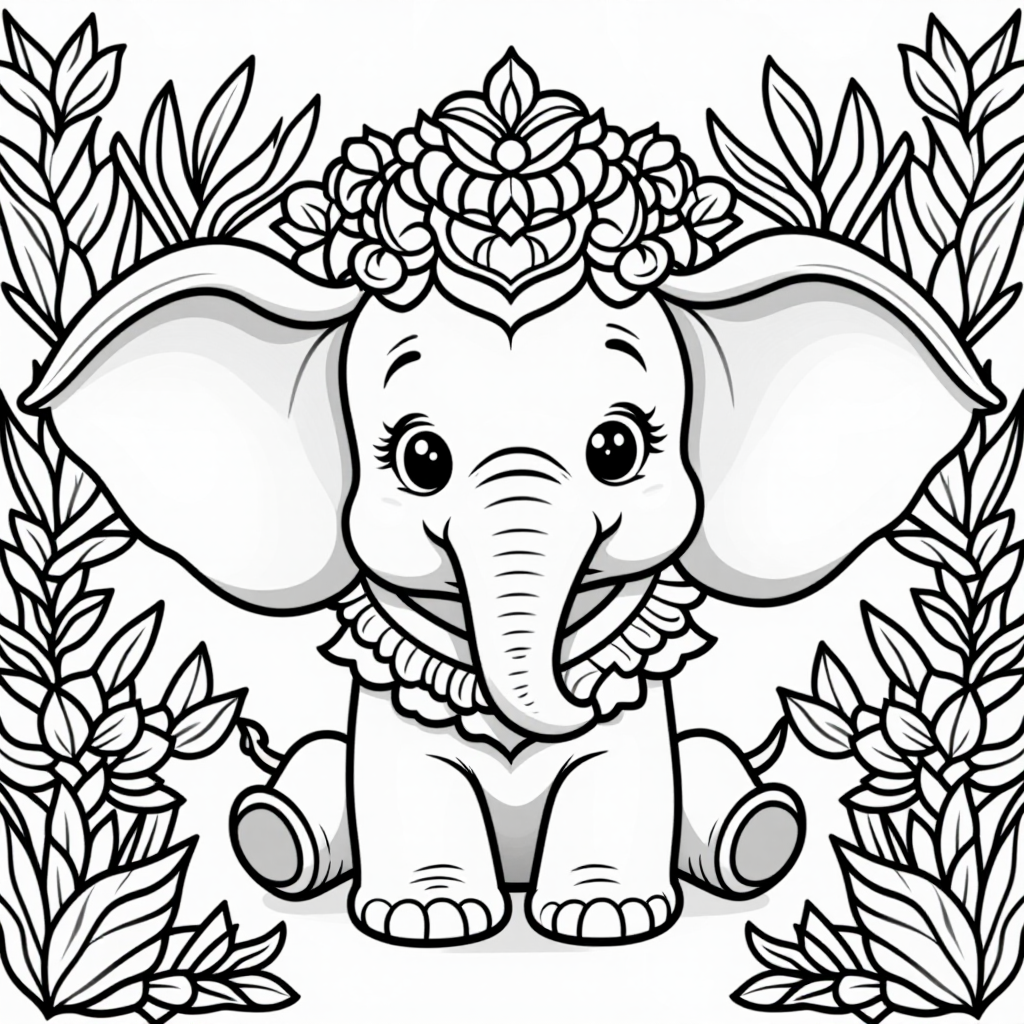 Dumbo The Elephant With Flowers Cartoon Style