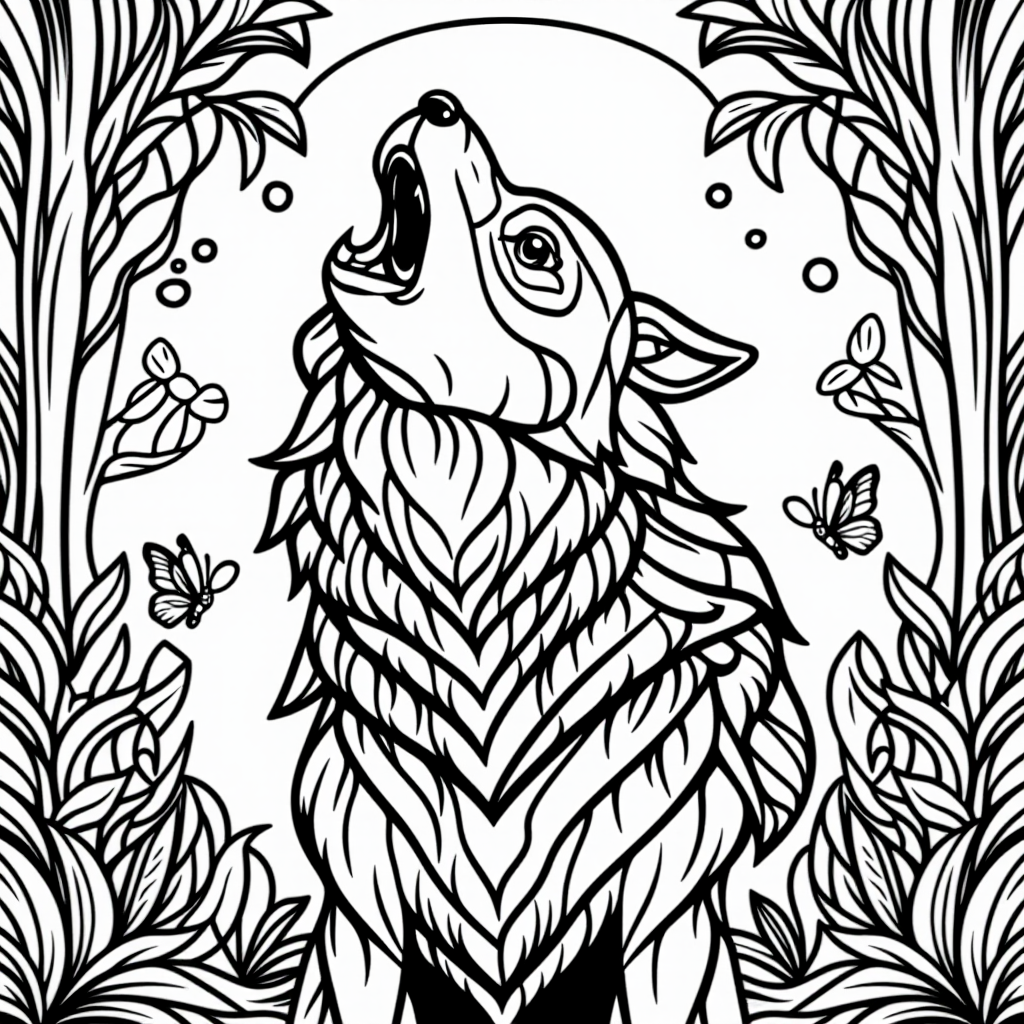 Wolf Howling At Moon With Butterflies