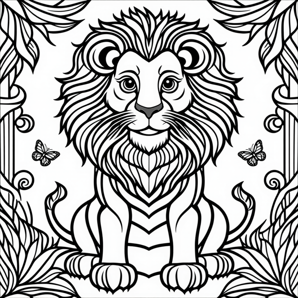 Scar The Lion With Butterflies Simple Line Art