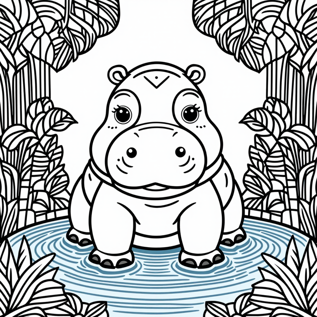 Hippo In Water In A Garden Chibi Style