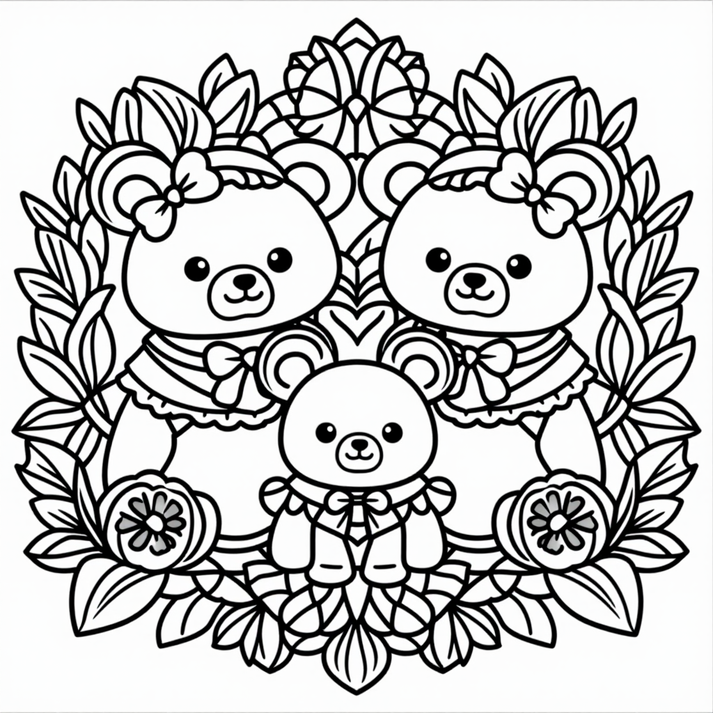 Bear Family With Flowers Cute Kawaii Style