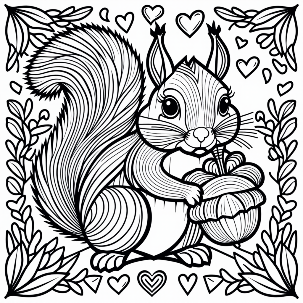 Squirrel With Acorn With Hearts Detailed Illustration