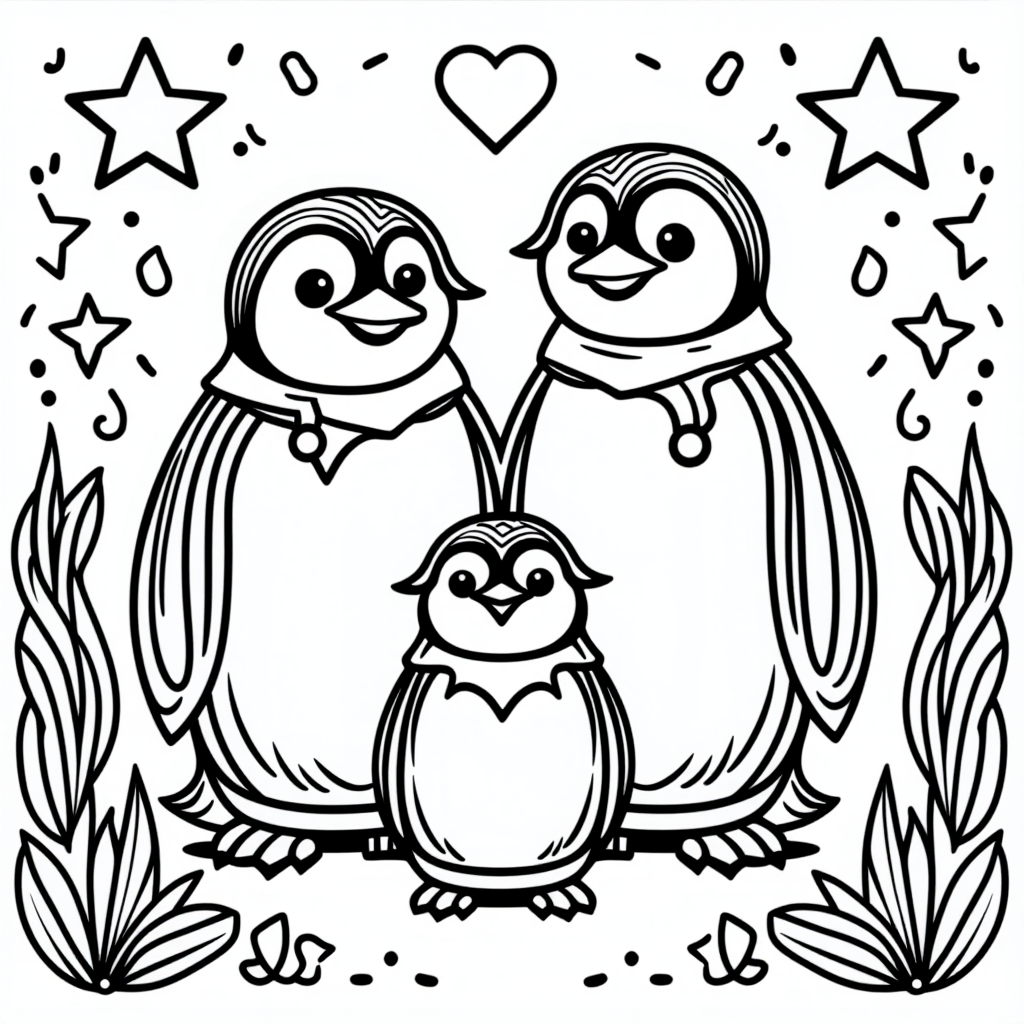 Penguin Family With Stars Storybook Illustration