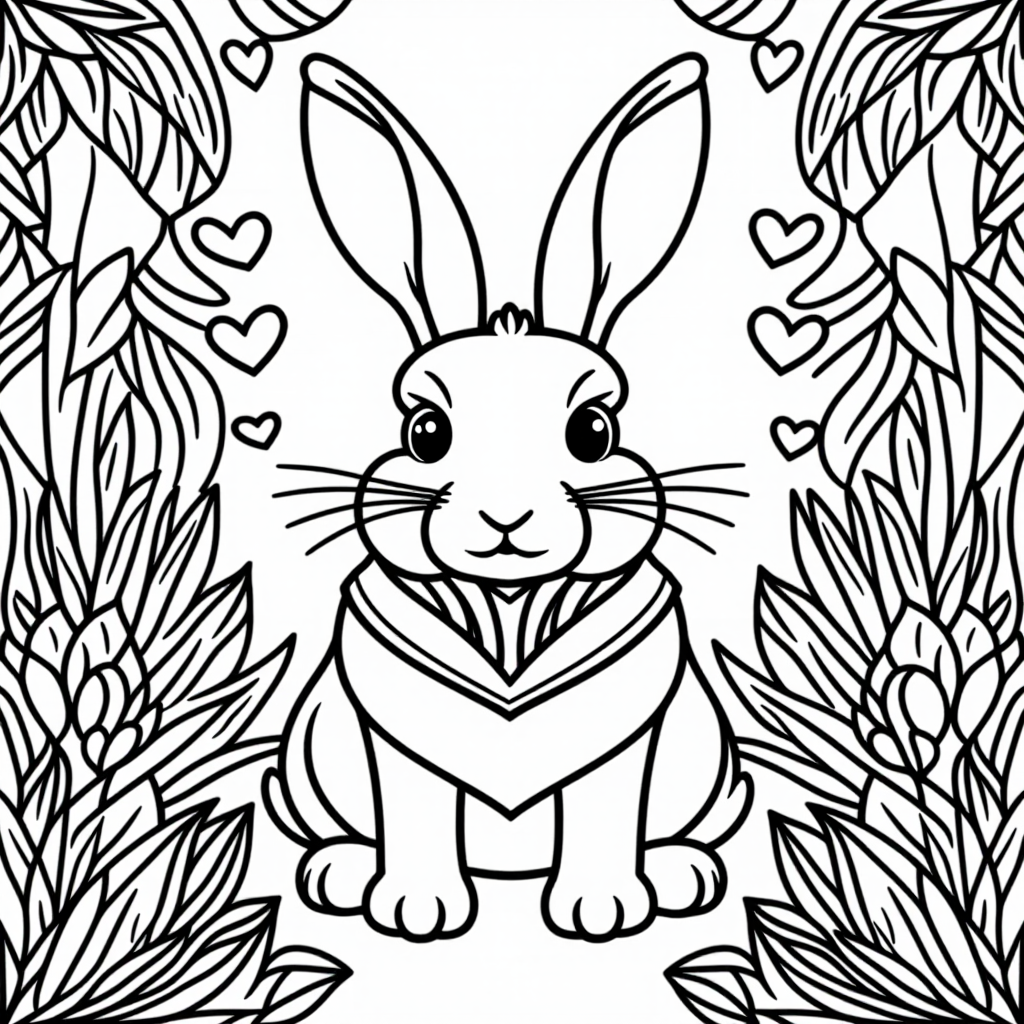 Rabbit In Garden With Hearts Simple Line Art